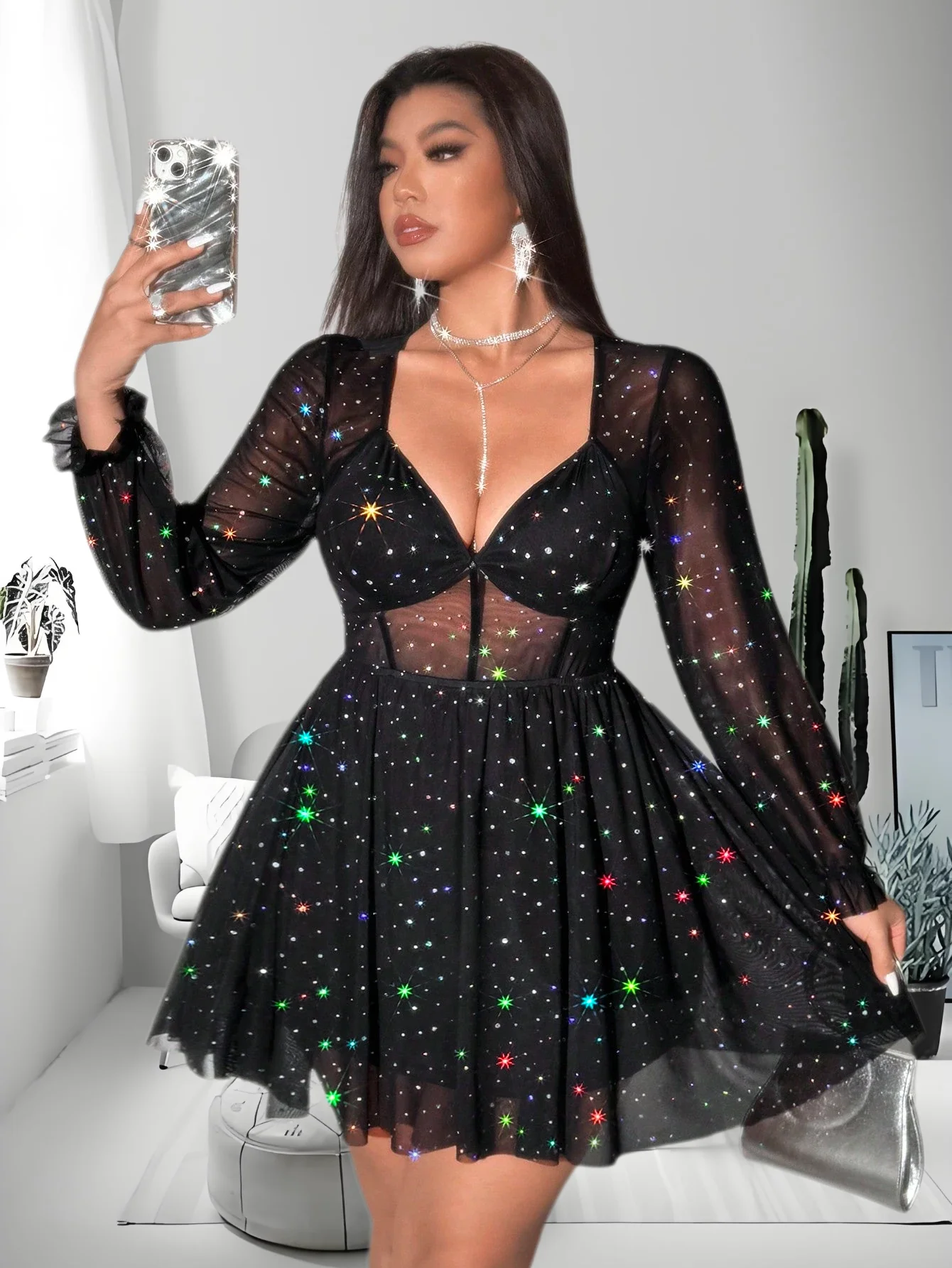 Vestido para mujer con escote en V y de manga larga Vestido para mujer con escote en V y de manga larga