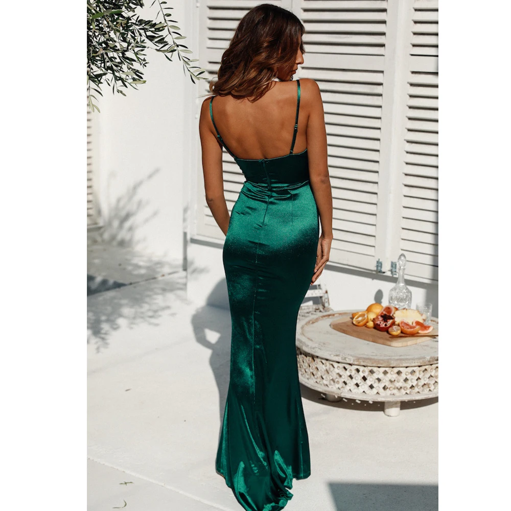 Romagic-vestido de noche verde con cuello vuelto, Espalda descubierta, largo, de lujo, elástico, satinado, Sexy, Borgoña, vestidos de fiesta de boda, verano