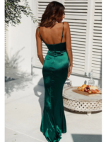 Romagic-vestido de noche verde con cuello vuelto, Espalda descubierta, largo, de lujo, elástico, satinado, Sexy, Borgoña, vestidos de fiesta de boda, verano - Imagen 6