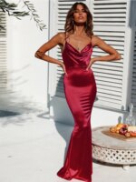 Romagic-vestido de noche verde con cuello vuelto, Espalda descubierta, largo, de lujo, elástico, satinado, Sexy, Borgoña, vestidos de fiesta de boda, verano - Imagen 3