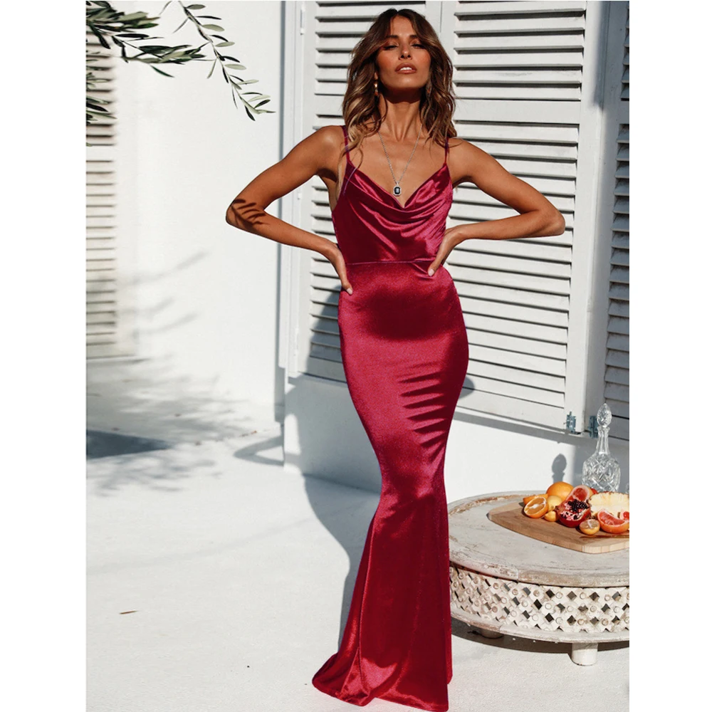 Romagic-vestido de noche verde con cuello vuelto, Espalda descubierta, largo, de lujo, elástico, satinado, Sexy, Borgoña, vestidos de fiesta de boda, verano