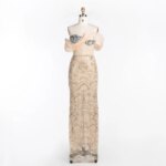 Vestido de noche elegante de Radia May Champagne, con lentejuelas, cristales y cuentas, diseño con escote al hombro descubierto, largo hasta el suelo, para fiestas formales, modelo ST100, hecho a medida. - Imagen 2