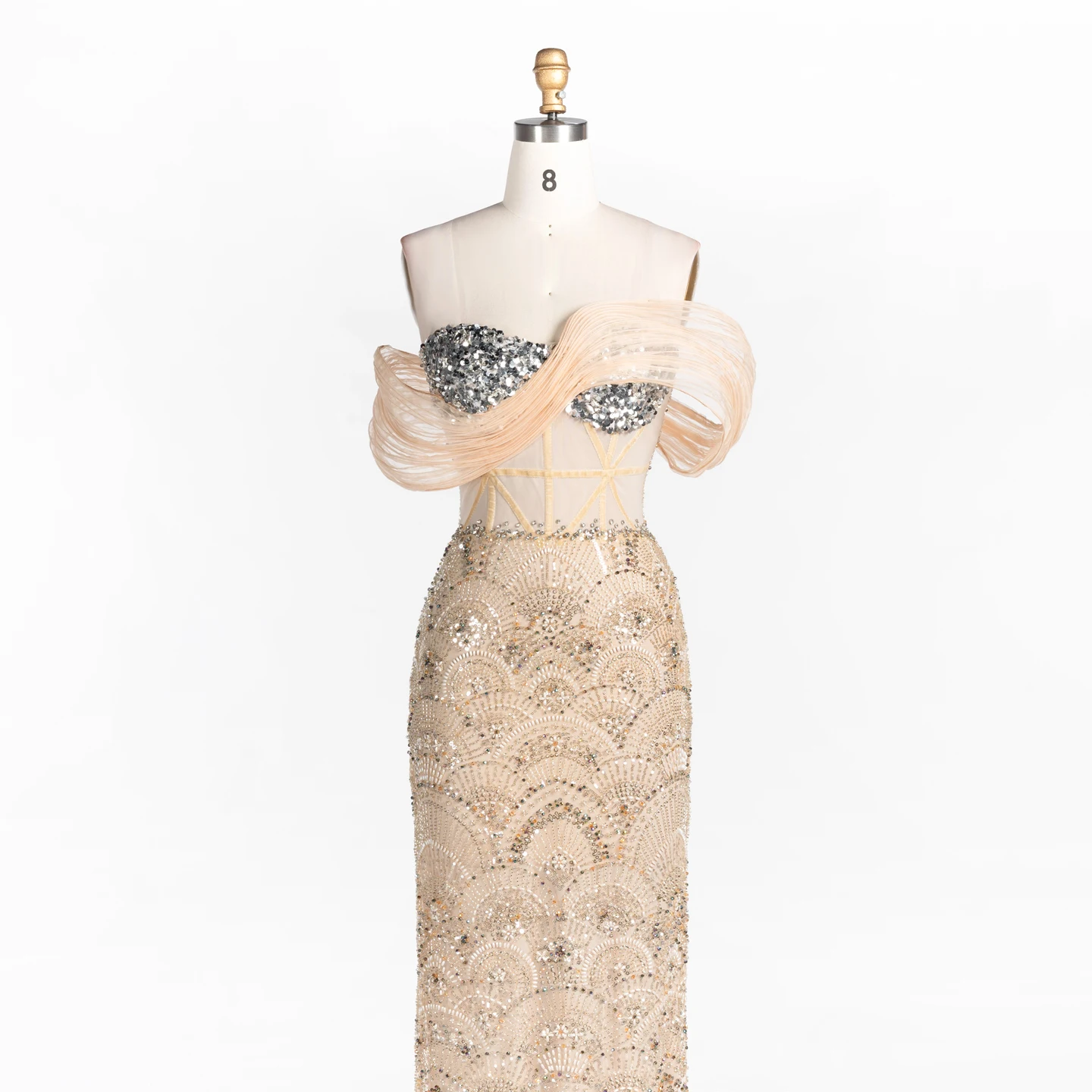 Vestido de noche elegante de Radia May Champagne, con lentejuelas, cristales y cuentas, diseño con escote al hombro descubierto, largo hasta el suelo, para fiestas formales, modelo ST100, hecho a medida. Vestido de noche elegante de Radia May Champagne, con lentejuelas, cristales y cuentas, diseño con escote al hombro descubierto, largo hasta el suelo, para fiestas formales, modelo ST100, hecho a medida.