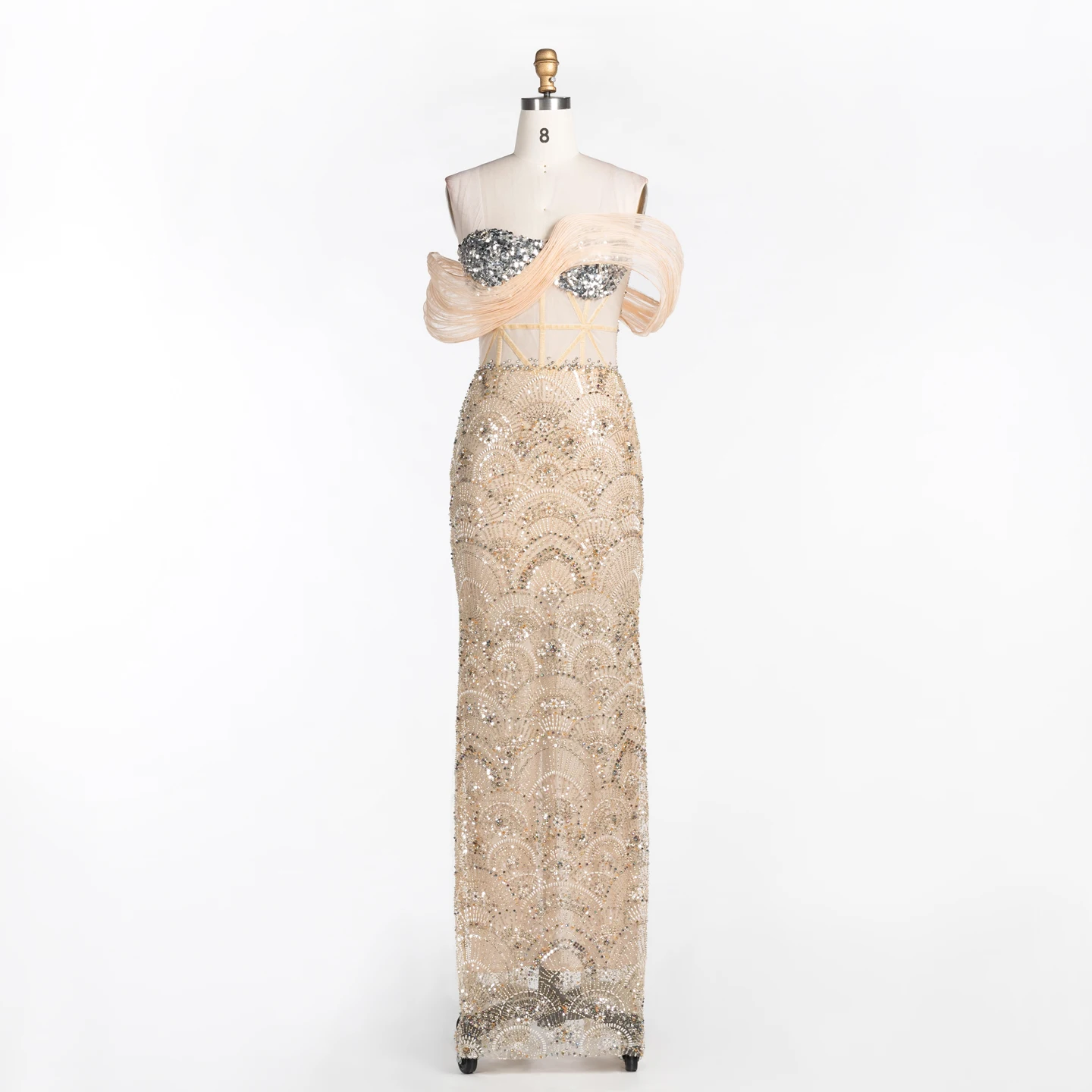Vestido de noche elegante de Radia May Champagne, con lentejuelas, cristales y cuentas, diseño con escote al hombro descubierto, largo hasta el suelo, para fiestas formales, modelo ST100, hecho a medida. Vestido de noche elegante de Radia May Champagne, con lentejuelas, cristales y cuentas, diseño con escote al hombro descubierto, largo hasta el suelo, para fiestas formales, modelo ST100, hecho a medida.