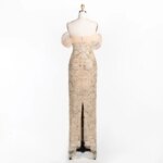 Vestido de noche elegante de Radia May Champagne, con lentejuelas, cristales y cuentas, diseño con escote al hombro descubierto, largo hasta el suelo, para fiestas formales, modelo ST100, hecho a medida. - Imagen 5
