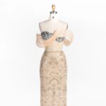 Vestido de noche elegante de Radia May Champagne, con lentejuelas, cristales y cuentas, diseño con escote al hombro descubierto, largo hasta el suelo, para fiestas formales, modelo ST100, hecho a medida. - Imagen 3