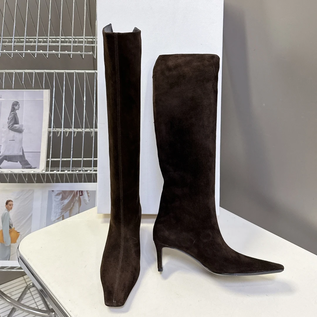 Botas de cuero de lujo para otoño e invierno, botas de caballero, botas altas de marca para mujer hasta la rodilla con suela gruesa plisada