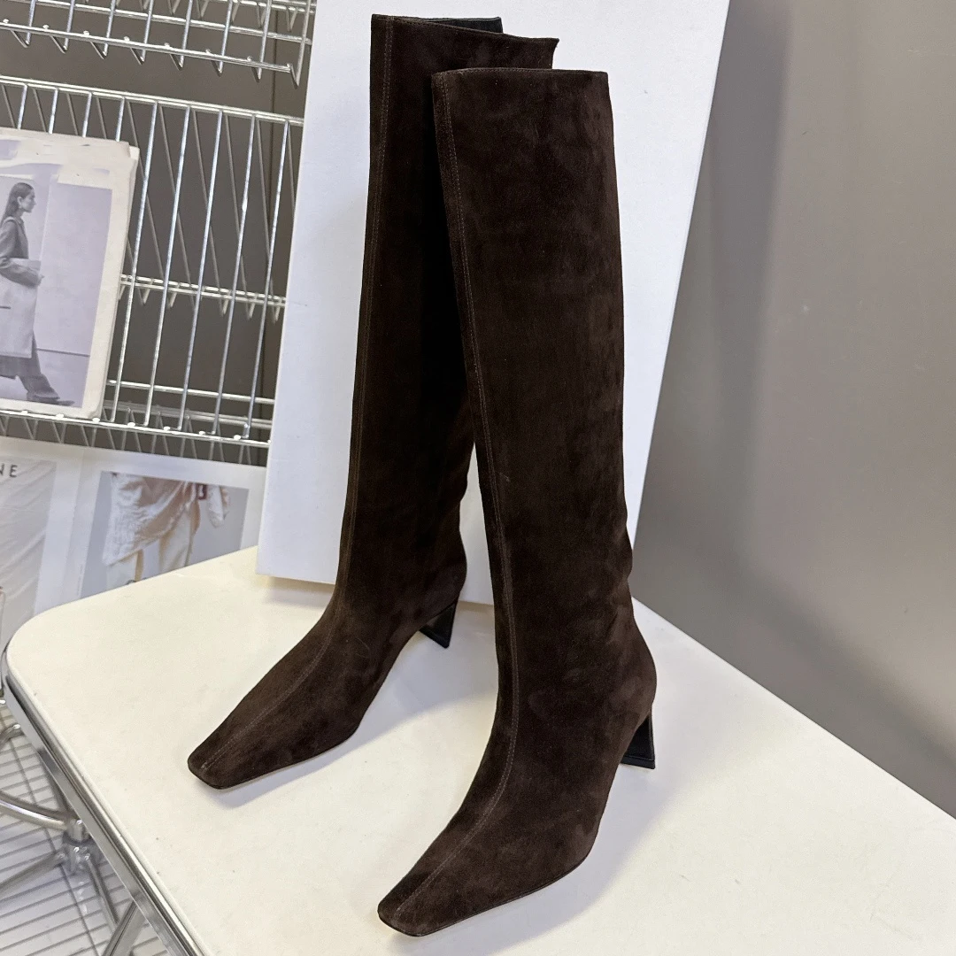 Botas de cuero de lujo para otoño e invierno, botas de caballero, botas altas de marca para mujer hasta la rodilla con suela gruesa plisada