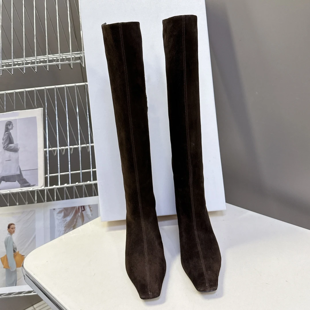 Botas de cuero de lujo para otoño e invierno, botas de caballero, botas altas de marca para mujer hasta la rodilla con suela gruesa plisada