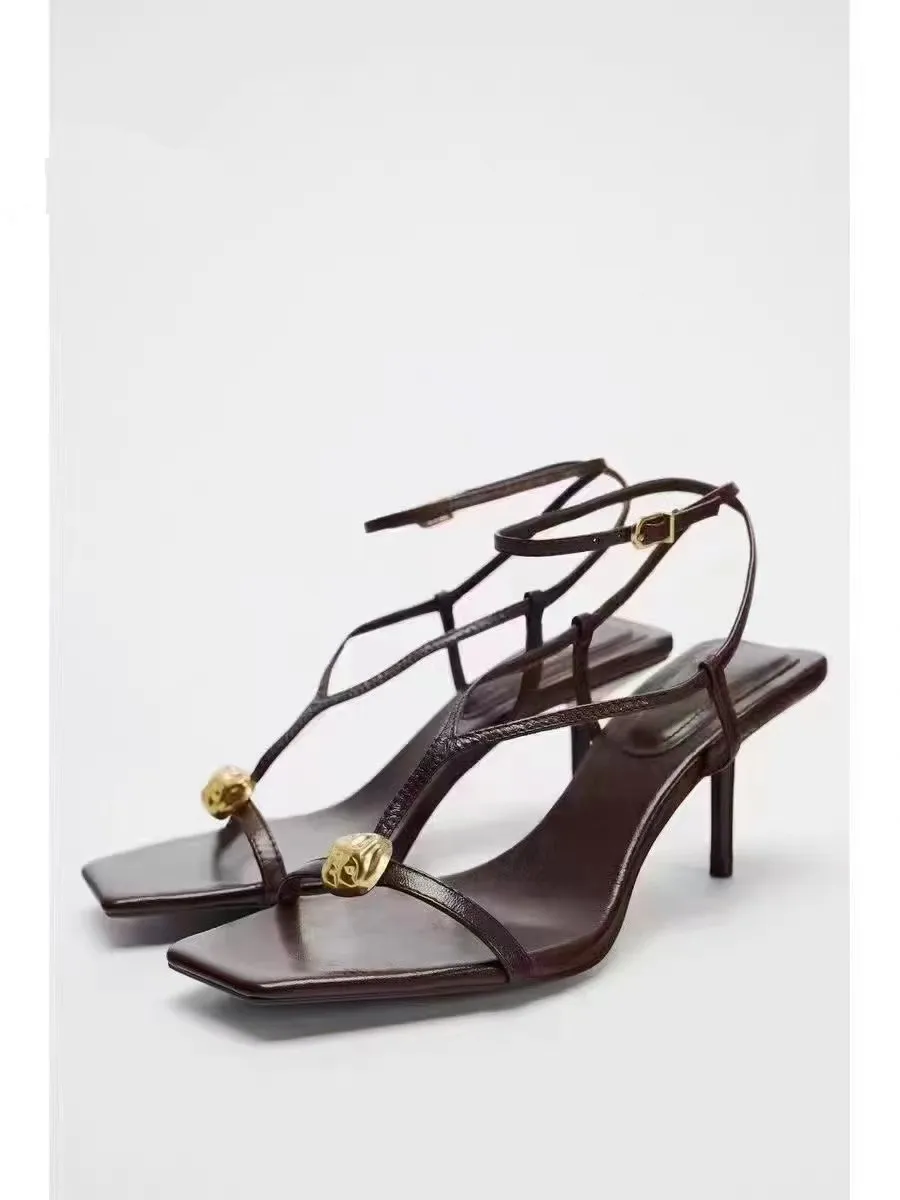 Sandalias de Moda para Mujer ZAKQ2024, Tacones Altos con Decoración Metálica, Corte Bajo, Estilo Slip-On, Zapatos de Verano, ...