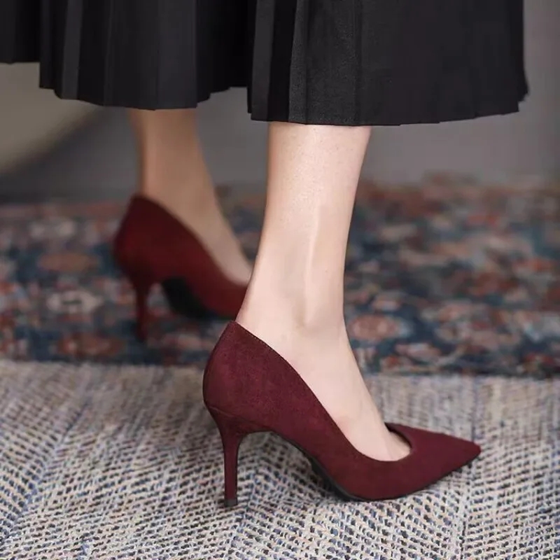 Zapatos de tacón alto para mujer, zapatos de tacón fino y afilados, zapatos de tacón alto, talla grande 42, nuevos zapatos individuales de ante puntiagudos, rojo y azul