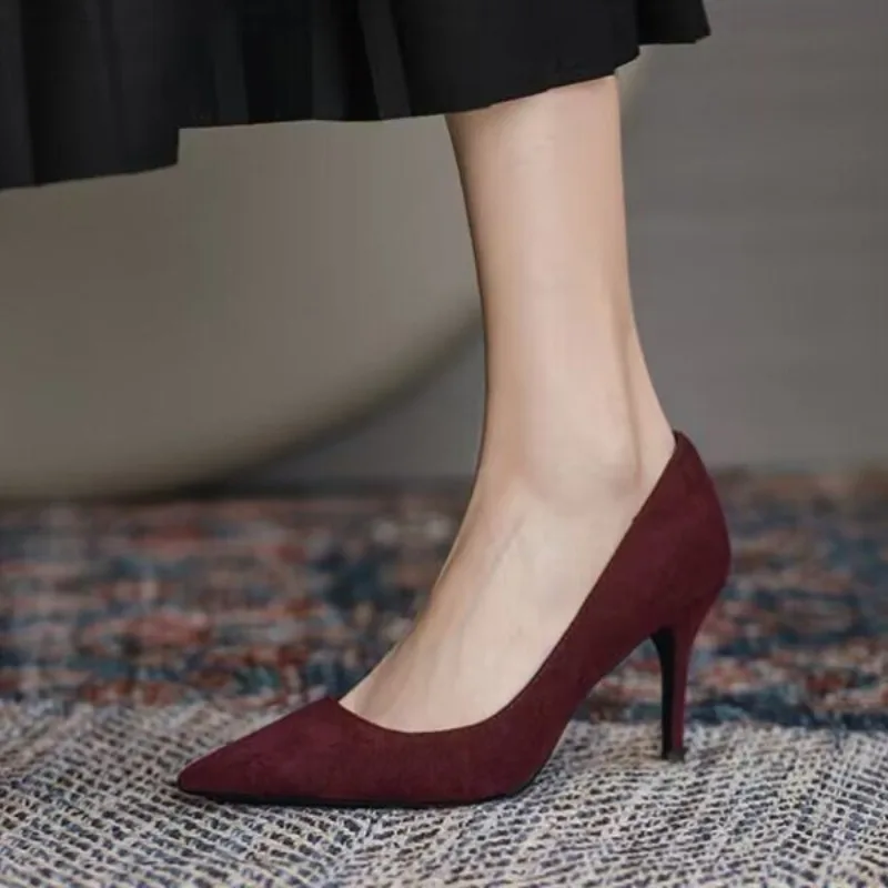 Zapatos de tacón alto para mujer, zapatos de tacón fino y afilados, zapatos de tacón alto, talla grande 42, nuevos zapatos individuales de ante puntiagudos, rojo y azul