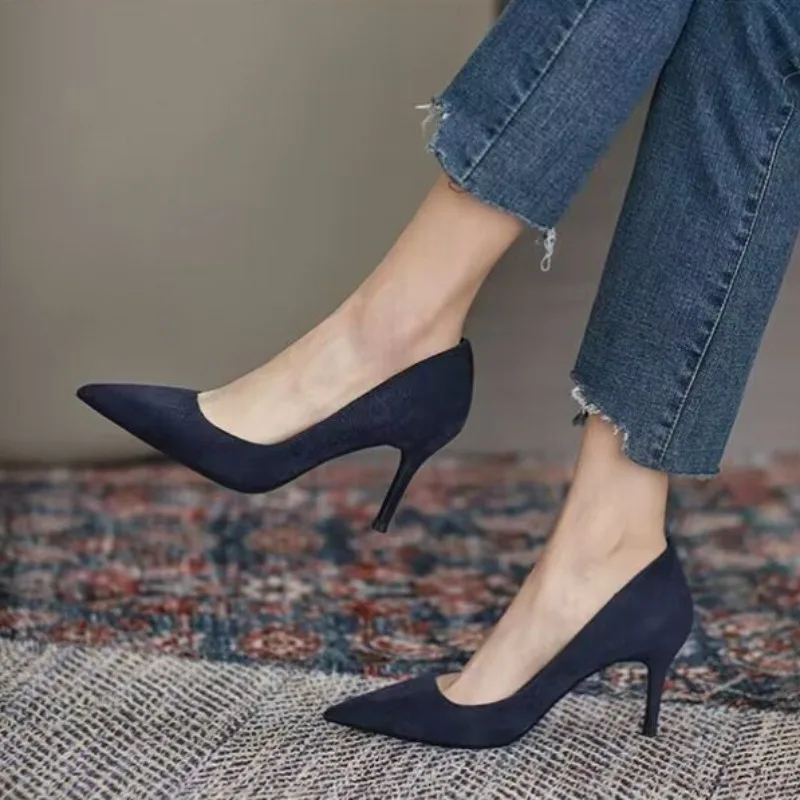 Zapatos de tacón alto para mujer, zapatos de tacón fino y afilados, zapatos de tacón alto, talla grande 42, nuevos zapatos individuales de ante puntiagudos, rojo y azul