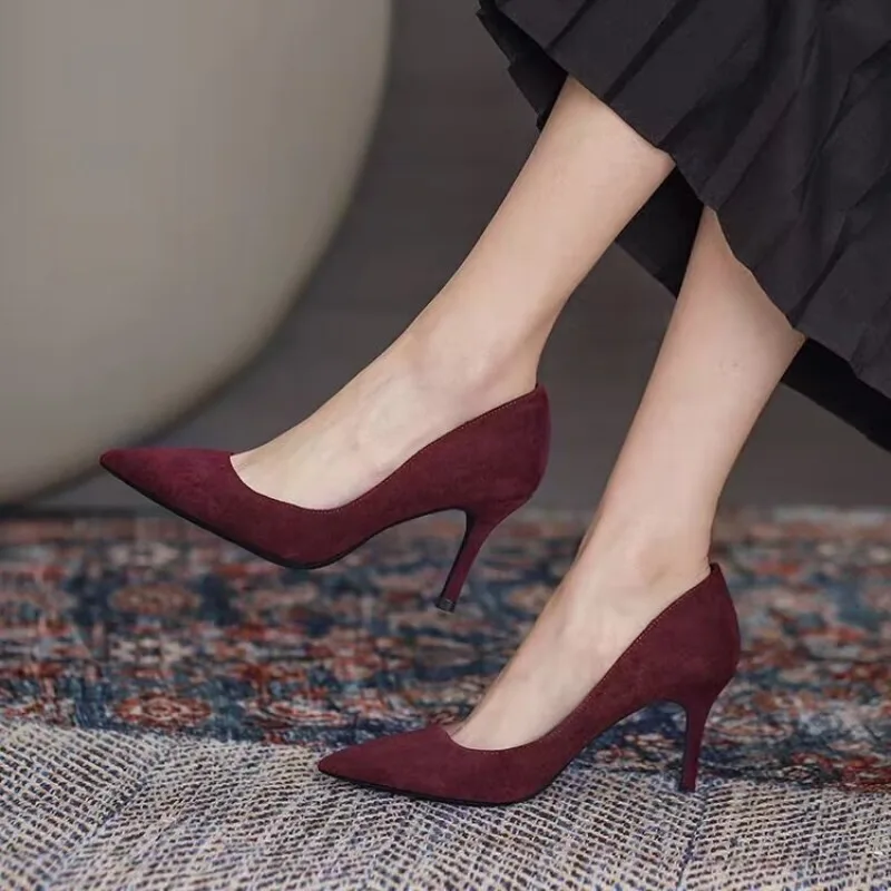 Zapatos de tacón alto para mujer, zapatos de tacón fino y afilados, zapatos de tacón alto, talla grande 42, nuevos zapatos individuales de ante puntiagudos, rojo y azul