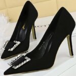 BIGTREE-zapatos de tacón alto y fino para mujer, calzado aterciopelado con punta estrecha y hebilla de cristal de Metal, 9cm, para primavera y otoño - Imagen 3