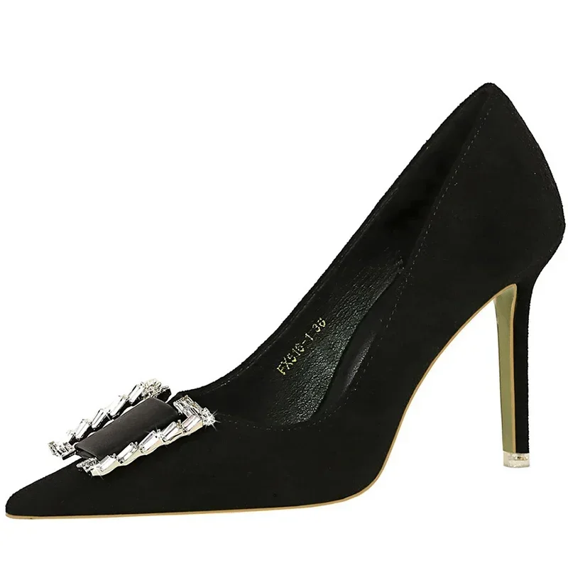 BIGTREE-zapatos de tacón alto y fino para mujer, calzado aterciopelado con punta estrecha y hebilla de cristal de Metal, 9cm, para primavera y otoño