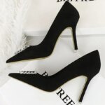BIGTREE-zapatos de tacón alto y fino para mujer, calzado aterciopelado con punta estrecha y hebilla de cristal de Metal, 9cm, para primavera y otoño - Imagen 4