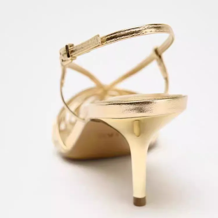 Sandalias de tacón alto fino con punta hueca y estilo bohemio a la moda, transpirables, para mujer, con adhesivo.