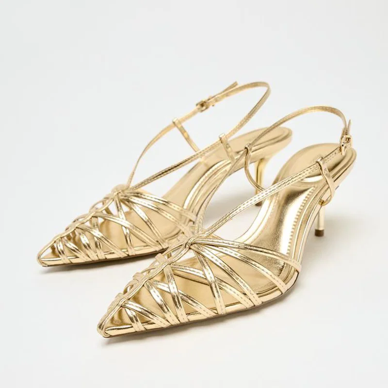 Sandalias de tacón alto fino con punta hueca y estilo bohemio a la moda, transpirables, para mujer, con adhesivo.