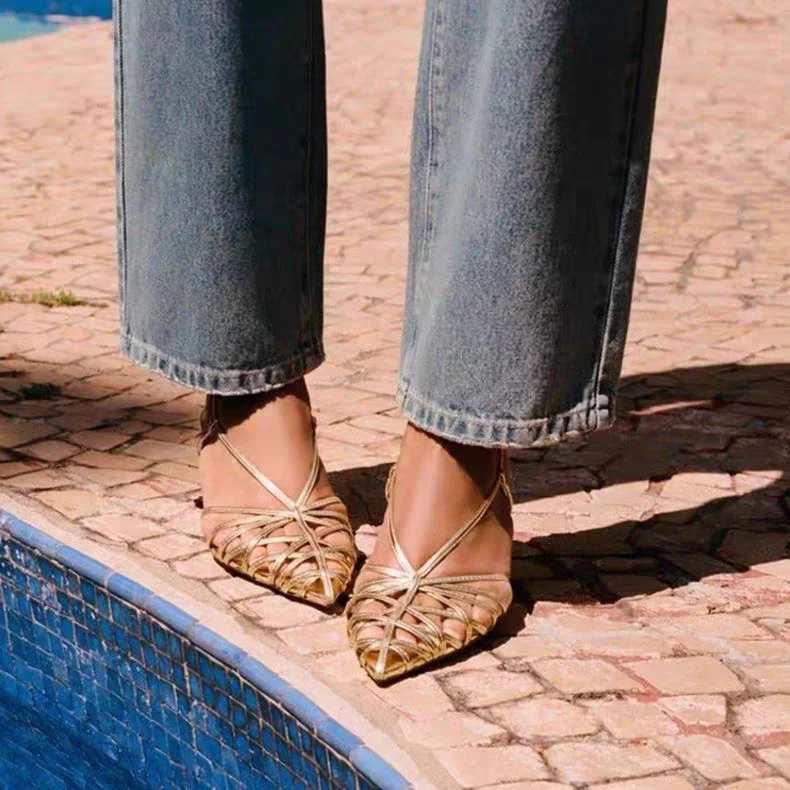 Sandalias de tacón alto fino con punta hueca y estilo bohemio a la moda, transpirables, para mujer, con adhesivo.