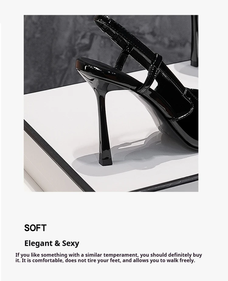 Nuevas Sandalias de tacón alto de verano para mujer, zapatos de charol con cabeza de hierro dorado, cabeza cuadrada de aguja negra, punta cerrada, zapatos con tirantes en la espalda