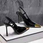 Nuevas Sandalias de tacón alto de verano para mujer, zapatos de charol con cabeza de hierro dorado, cabeza cuadrada de aguja negra, punta cerrada, zapatos con tirantes en la espalda - Imagen 3
