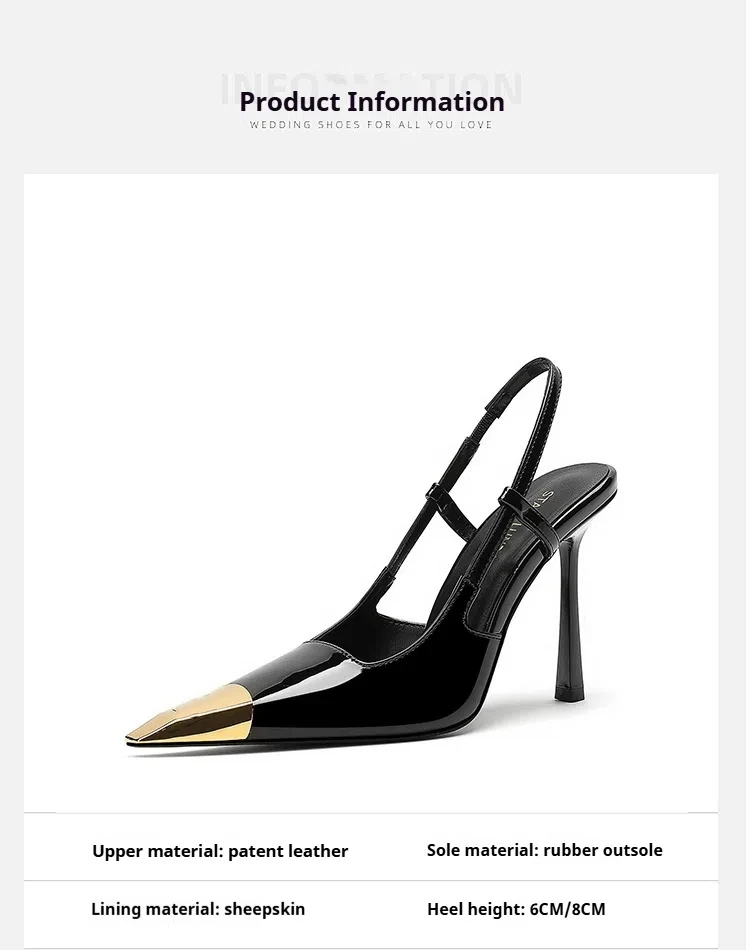 Nuevas Sandalias de tacón alto de verano para mujer, zapatos de charol con cabeza de hierro dorado, cabeza cuadrada de aguja negra, punta cerrada, zapatos con tirantes en la espalda