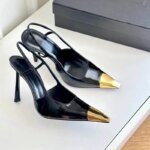 Nuevas Sandalias de tacón alto de verano para mujer, zapatos de charol con cabeza de hierro dorado, cabeza cuadrada de aguja negra, punta cerrada, zapatos con tirantes en la espalda - Imagen 4