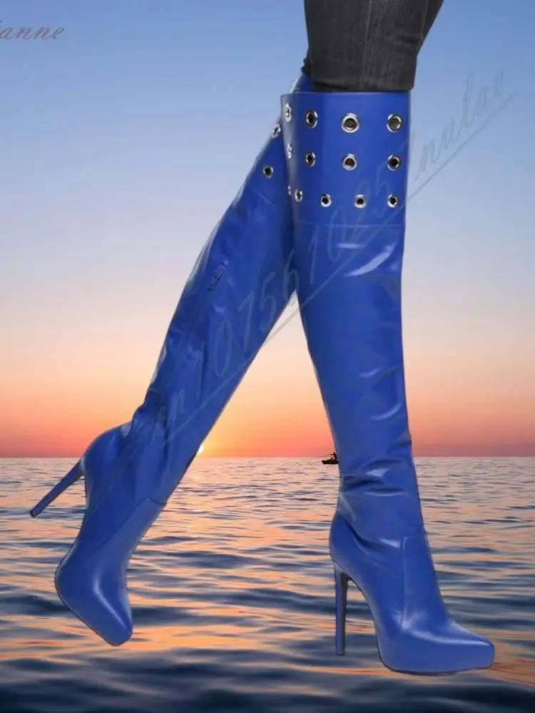 Botas altas hasta el muslo de cuero sintético azul brillante, con adornos de anillos redondos metálicos, plataforma y tacón de aguja, con cremallera, para mujer, ideales para discotecas, botas largas y sexys.