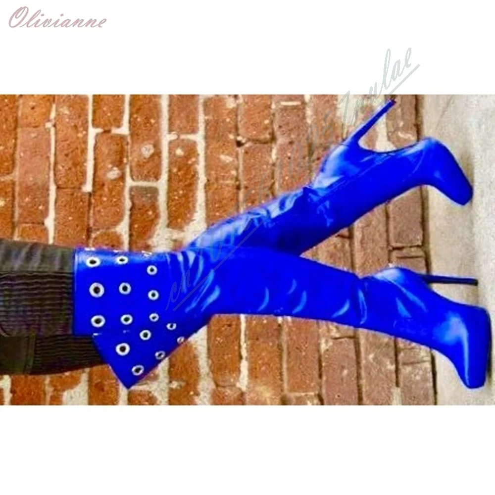 Botas altas hasta el muslo de cuero sintético azul brillante, con adornos de anillos redondos metálicos, plataforma y tacón de aguja, con cremallera, para mujer, ideales para discotecas, botas largas y sexys.