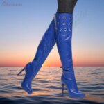 Botas altas hasta el muslo de cuero sintético azul brillante, con adornos de anillos redondos metálicos, plataforma y tacón de aguja, con cremallera, para mujer, ideales para discotecas, botas largas y sexys. - Imagen 2