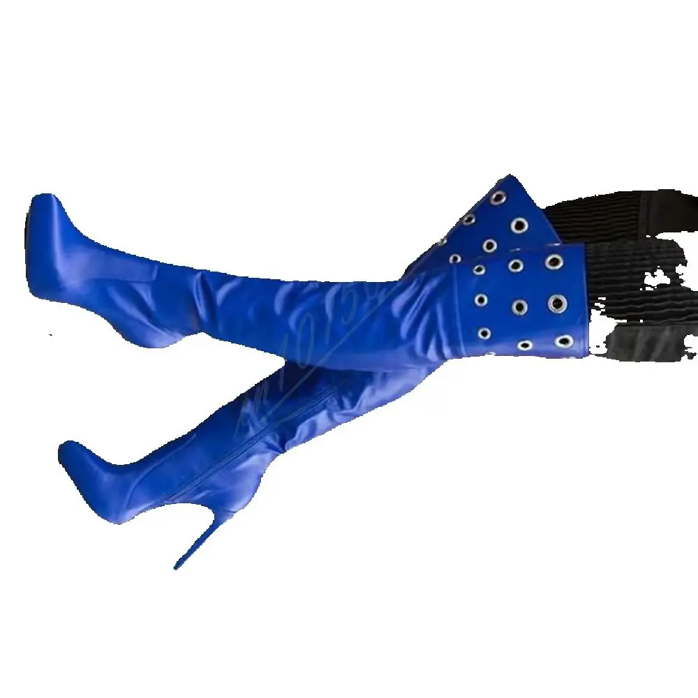 Botas altas hasta el muslo de cuero sintético azul brillante, con adornos de anillos redondos metálicos, plataforma y tacón de aguja, con cremallera, para mujer, ideales para discotecas, botas largas y sexys.