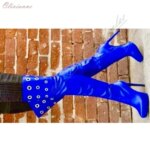 Botas altas hasta el muslo de cuero sintético azul brillante, con adornos de anillos redondos metálicos, plataforma y tacón de aguja, con cremallera, para mujer, ideales para discotecas, botas largas y sexys. - Imagen 4