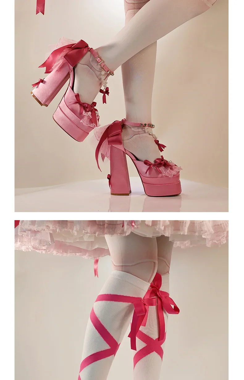 Y2k-zapatos de plataforma rosa Lolita para mujer, zapatos Mary Jane de terciopelo con lazo elegante y dulce, tacones altos para fiesta de cumpleaños