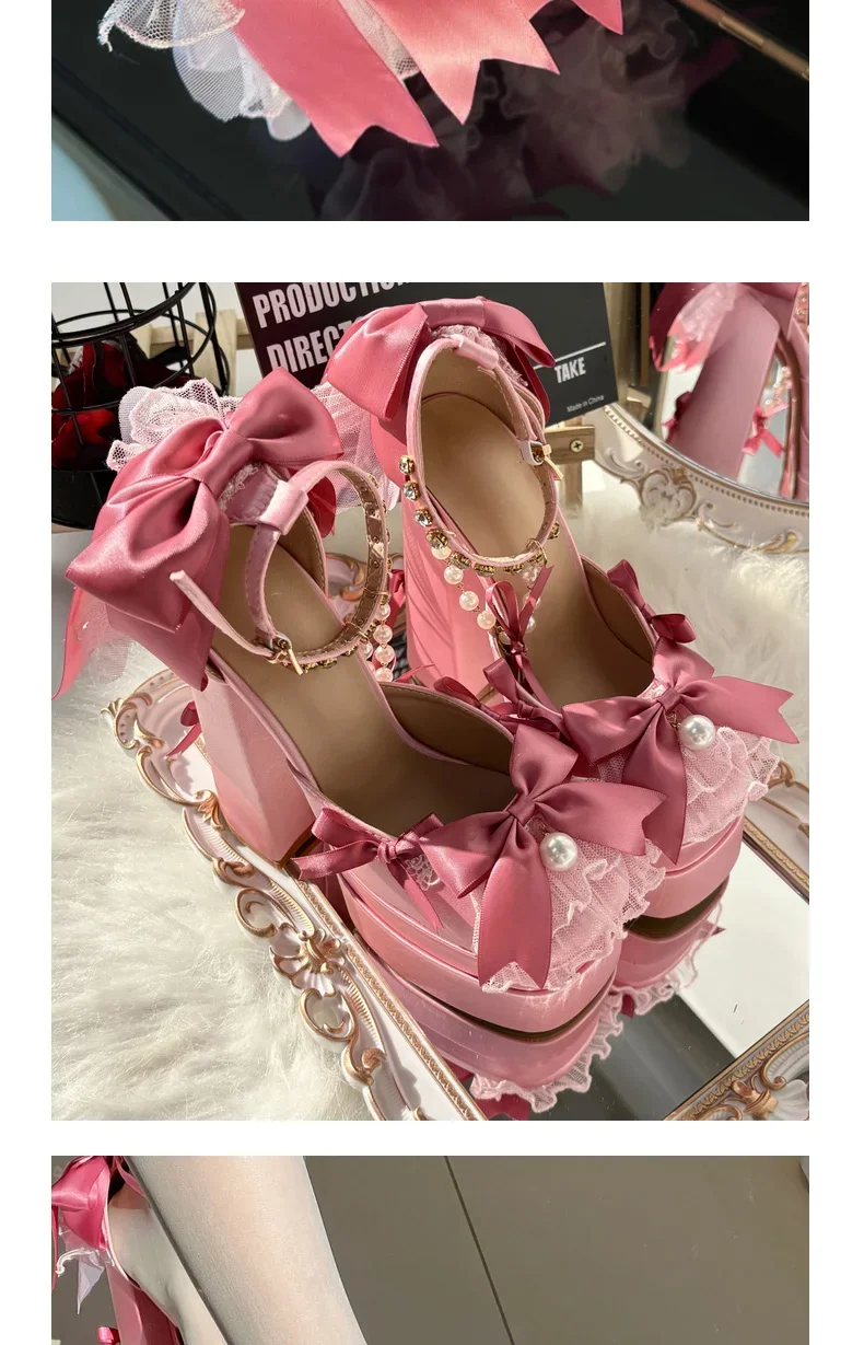 Y2k-zapatos de plataforma rosa Lolita para mujer, zapatos Mary Jane de terciopelo con lazo elegante y dulce, tacones altos para fiesta de cumpleaños