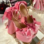 Y2k-zapatos de plataforma rosa Lolita para mujer, zapatos Mary Jane de terciopelo con lazo elegante y dulce, tacones altos para fiesta de cumpleaños - Imagen 3