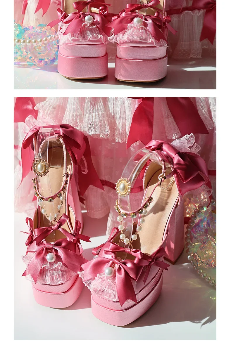 Y2k-zapatos de plataforma rosa Lolita para mujer, zapatos Mary Jane de terciopelo con lazo elegante y dulce, tacones altos para fiesta de cumpleaños