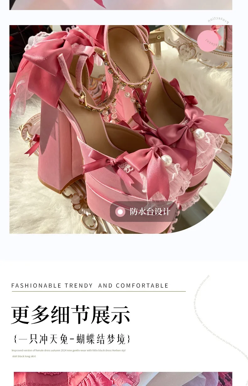 Y2k-zapatos de plataforma rosa Lolita para mujer, zapatos Mary Jane de terciopelo con lazo elegante y dulce, tacones altos para fiesta de cumpleaños