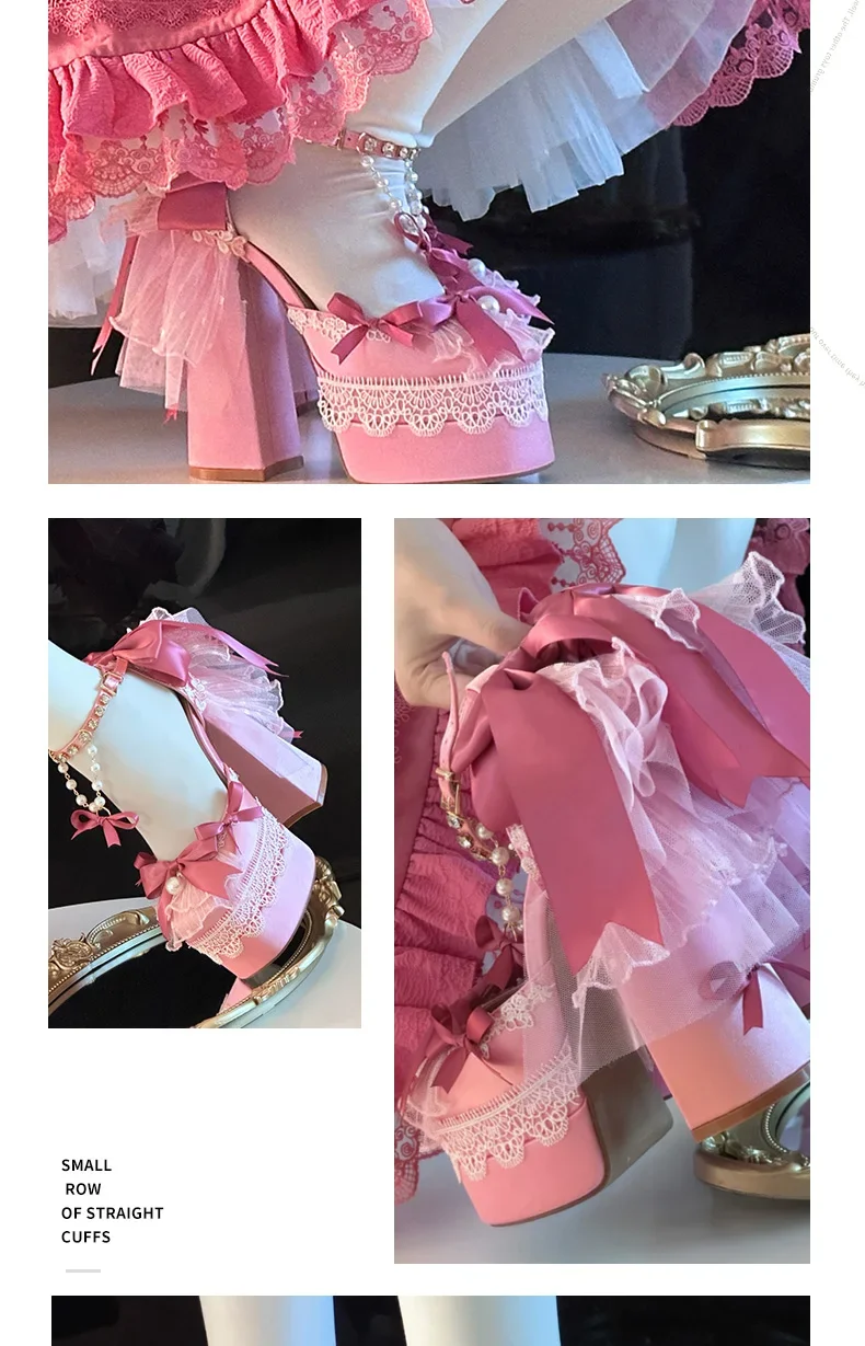 Y2k-zapatos de plataforma rosa Lolita para mujer, zapatos Mary Jane de terciopelo con lazo elegante y dulce, tacones altos para fiesta de cumpleaños
