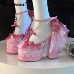 Y2k-zapatos de plataforma rosa Lolita para mujer, zapatos Mary Jane de terciopelo con lazo elegante y dulce, tacones altos para fiesta de cumpleaños