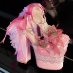 Y2k-zapatos de plataforma rosa Lolita para mujer, zapatos Mary Jane de terciopelo con lazo elegante y dulce, tacones altos para fiesta de cumpleaños - Imagen 4