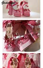 Y2k-zapatos de plataforma rosa Lolita para mujer, zapatos Mary Jane de terciopelo con lazo elegante y dulce, tacones altos para fiesta de cumpleaños - Imagen 6
