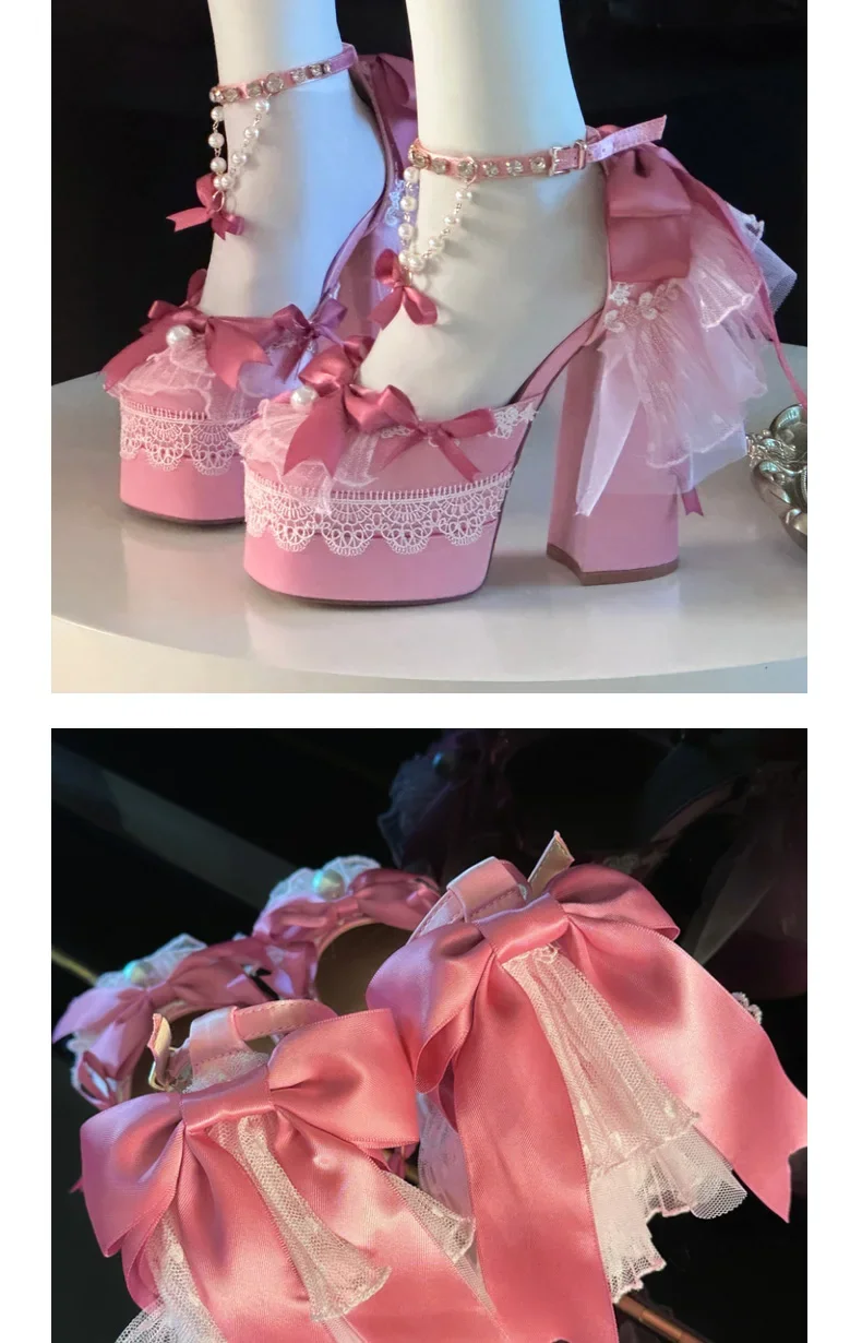 Y2k-zapatos de plataforma rosa Lolita para mujer, zapatos Mary Jane de terciopelo con lazo elegante y dulce, tacones altos para fiesta de cumpleaños