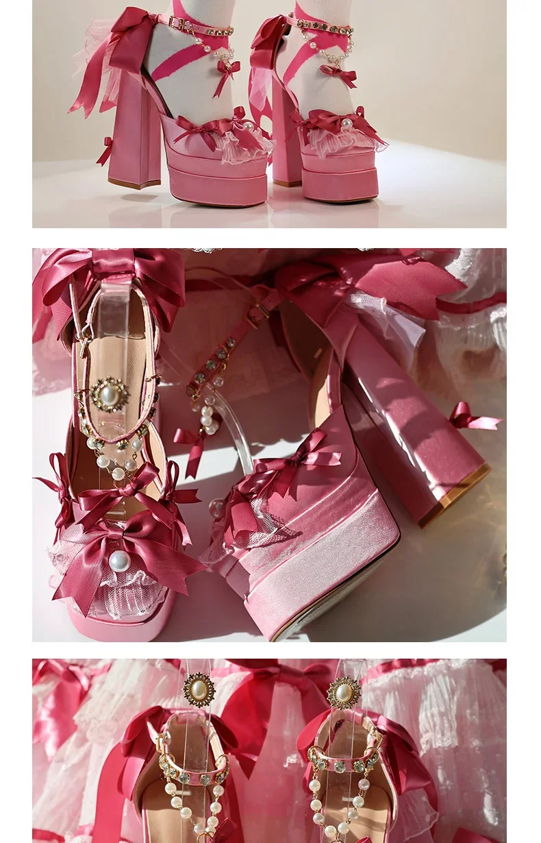 Y2k-zapatos de plataforma rosa Lolita para mujer, zapatos Mary Jane de terciopelo con lazo elegante y dulce, tacones altos para fiesta de cumpleaños