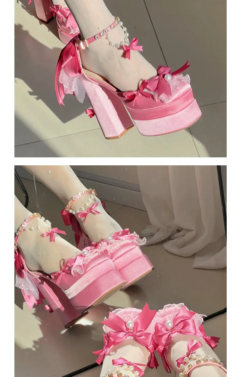 Y2k-zapatos de plataforma rosa Lolita para mujer, zapatos Mary Jane de terciopelo con lazo elegante y dulce, tacones altos para fiesta de cumpleaños