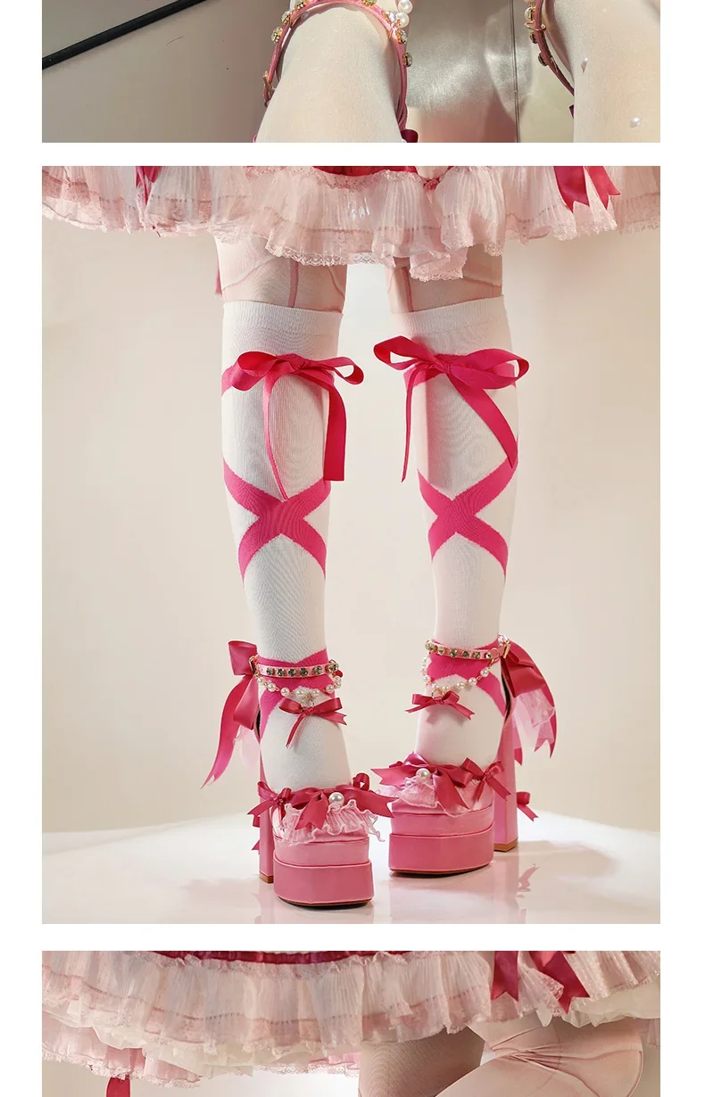 Y2k-zapatos de plataforma rosa Lolita para mujer, zapatos Mary Jane de terciopelo con lazo elegante y dulce, tacones altos para fiesta de cumpleaños