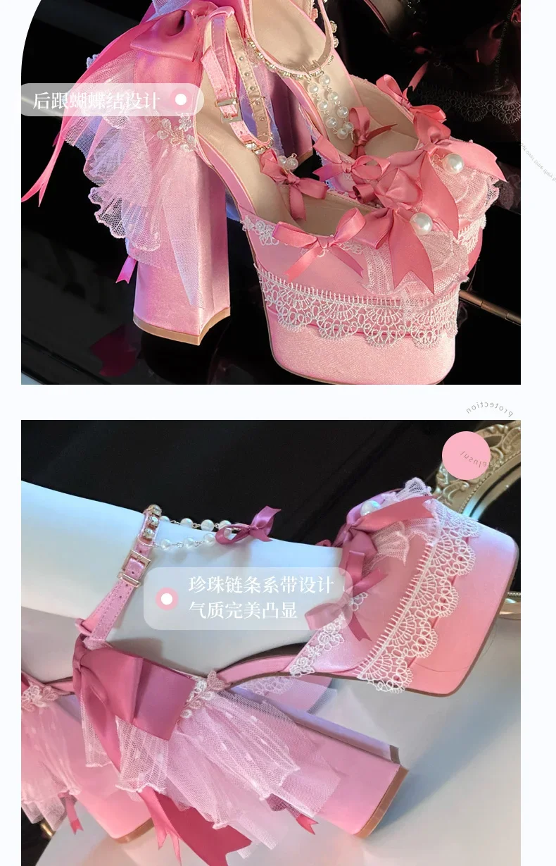 Y2k-zapatos de plataforma rosa Lolita para mujer, zapatos Mary Jane de terciopelo con lazo elegante y dulce, tacones altos para fiesta de cumpleaños
