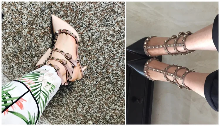 VAIFTILNO Zapatos de tacón alto con punta y remaches para mujer, sandalias de verano con tacón fino y correa envolvente con r...