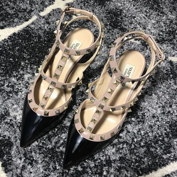 VAIFTILNO Zapatos de tacón alto con punta y remaches para mujer, sandalias de verano con tacón fino y correa envolvente con r...