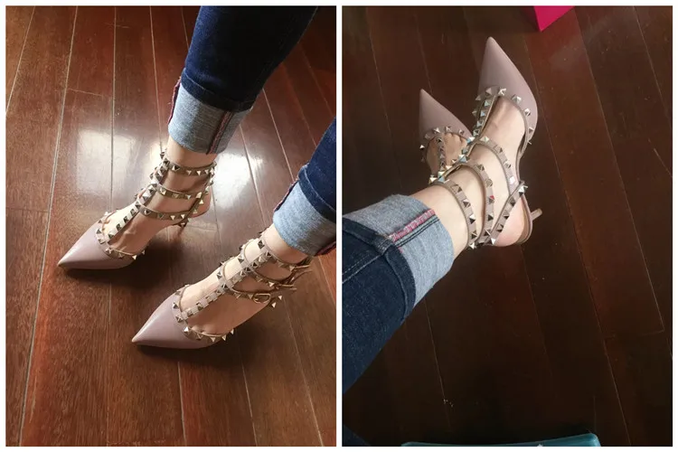 VAIFTILNO Zapatos de tacón alto con punta y remaches para mujer, sandalias de verano con tacón fino y correa envolvente con r...